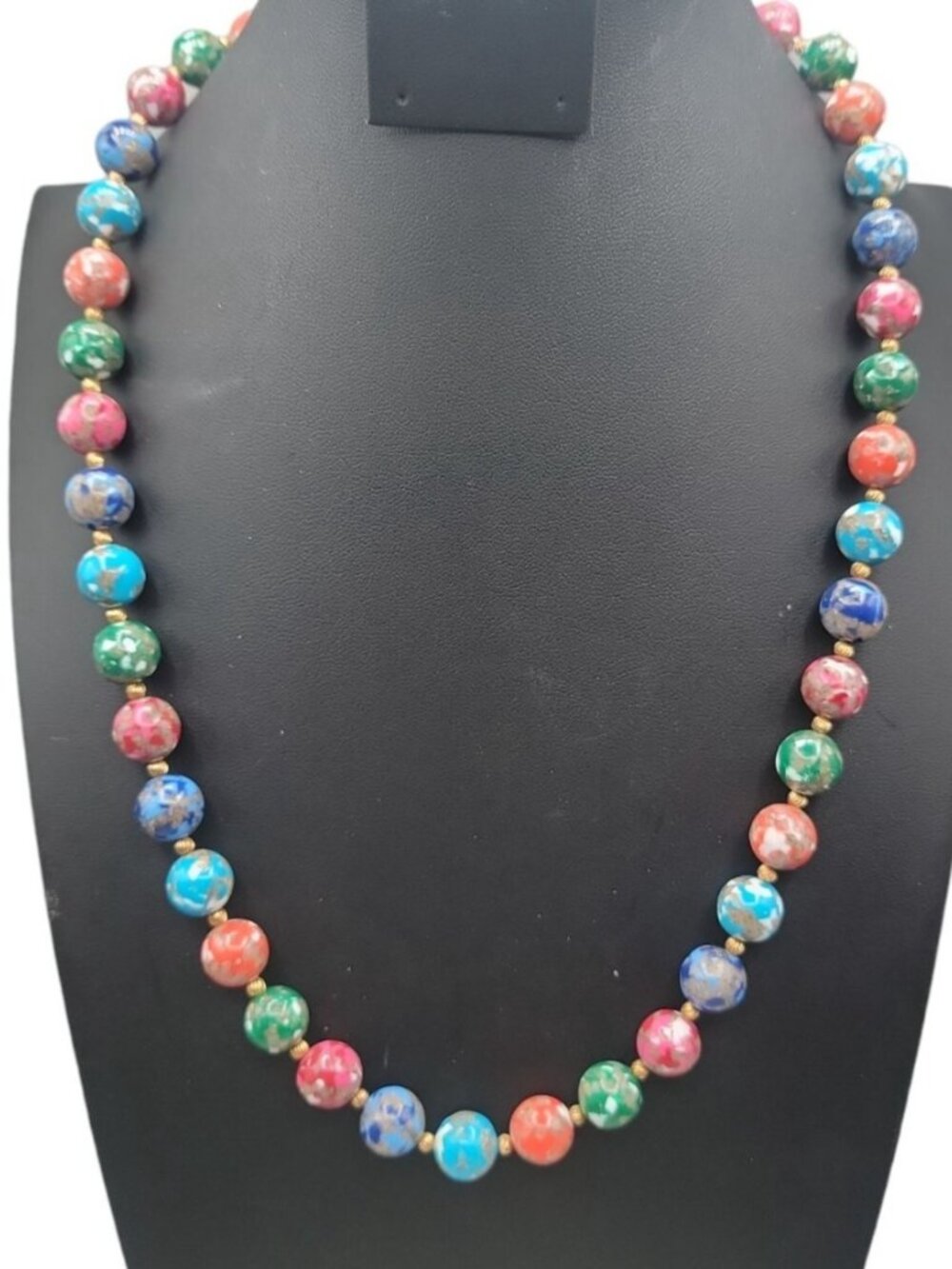 Vintage Murano Glass Bead Necklace Multicolor Mosaic Aventurine 11.5mm Beads 24" - Picture 2 of 9